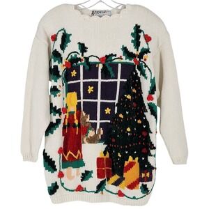 Golden Touch Women's XL Needlepoint Christmas Cable Knit Sweater Scallop Neck